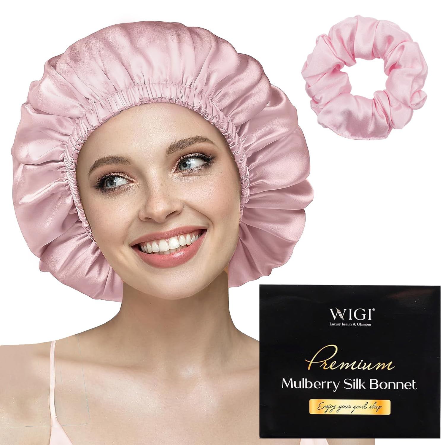 WIGI 100% Mulberry Silk Bonnet with Scrunchie Gift for Women, Silk Bonnet for Sleeping, Shower Cap Hair Bonnet, Silk Hair Wrap for Hair Care (100% Mulberry Silk (Round design), Pink)