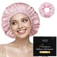 thumbnail image 1 of WIGI 100% Mulberry Silk Bonnet with Scrunchie Gift for Women, Silk Bonnet for Sleeping, Shower Cap Hair Bonnet, Silk Hair Wrap for Hair Care (100% Mulberry Silk (Round design), Pink), 1 of 9