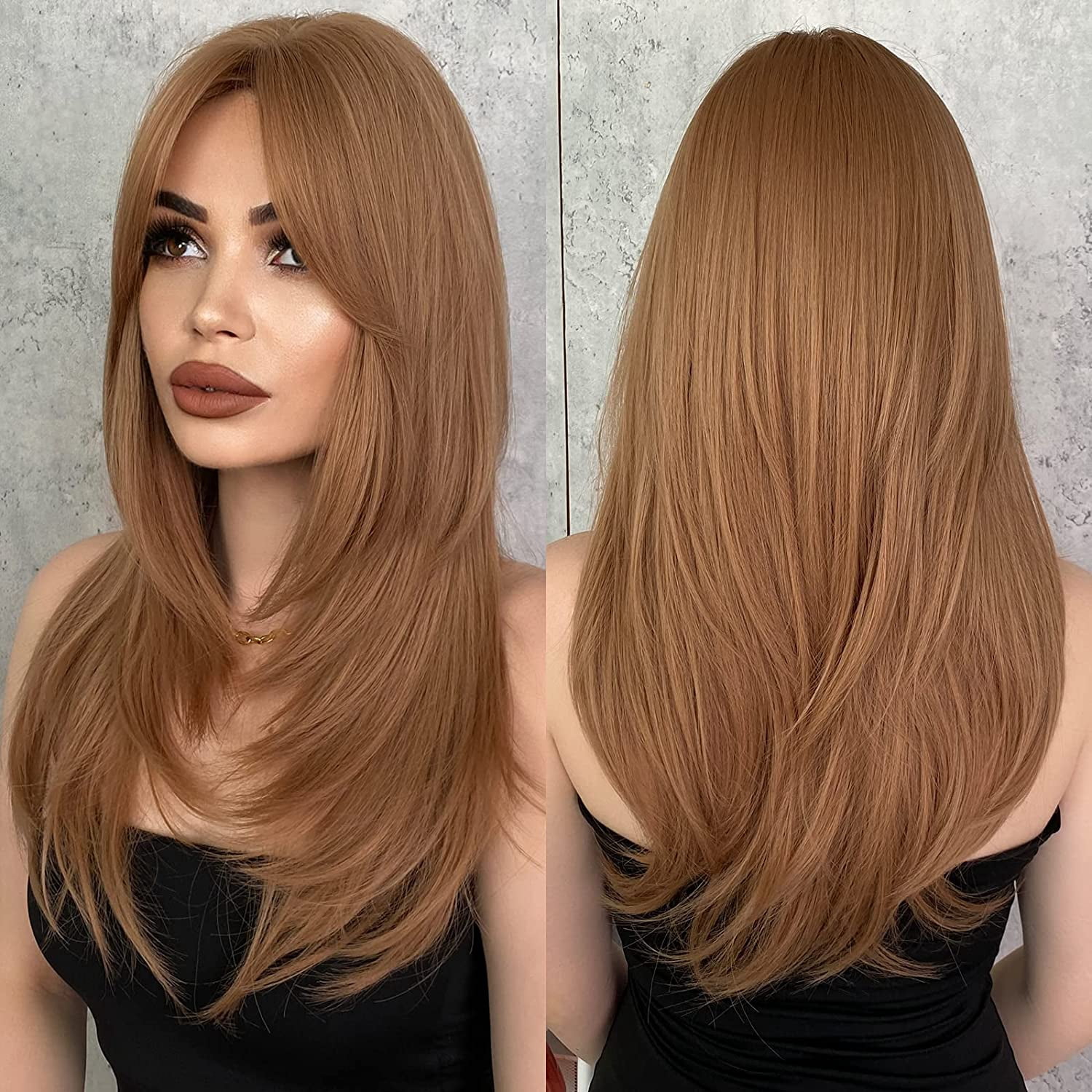 Long Straight Layered Wig with Bangs Heat Resistant Fiber Daily Natural Looking Blonde Long Layered Wig with Bangs,Straight Hair Wigs for  main image 2