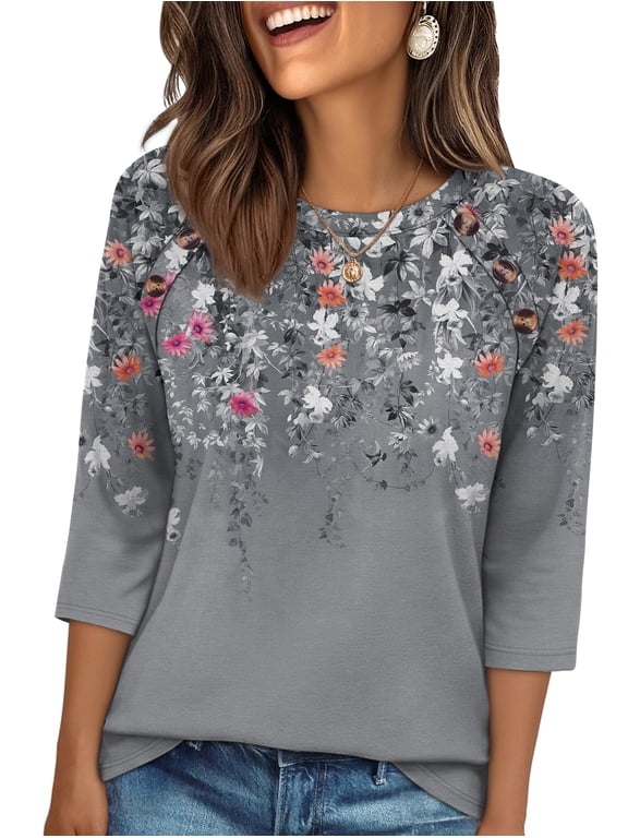3/4 Length Sleeve Crew Neck Button Fashion Clothing Dressy Casual Business Work Tops Summer Fall Outfits