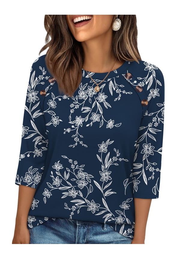 3/4 Length Sleeve Crew Neck Button Fashion Clothing Dressy Casual Business Work Tops Summer Fall Outfits