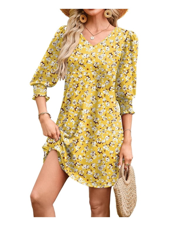 Flowy Dresses for Women Cute Floral Print 3/4 Length Sleeve Midi Dress Lightweight Casual Beach Vacation Sundresses with Pockets