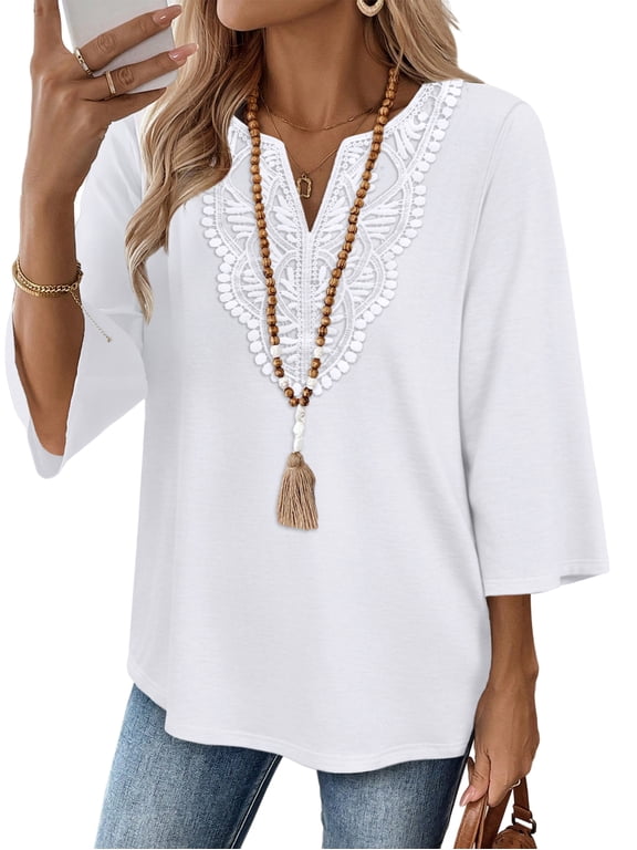 3/4 Length Sleeve Summer Tops for Women Trendy Blouses V Neck Lace Shirt Beach Vacation Cruise Outfits