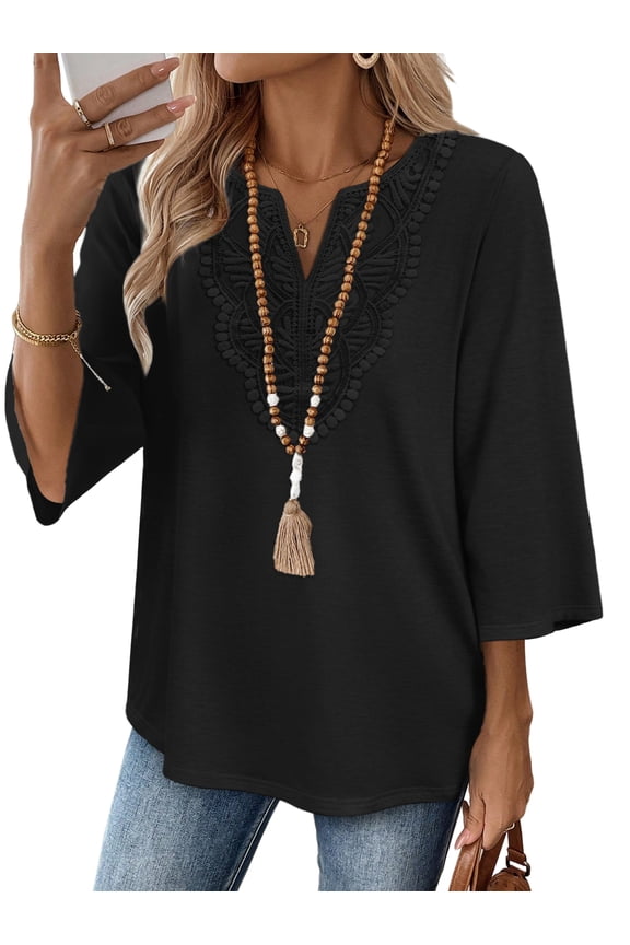 3/4 Length Sleeve Summer Tops for Women Trendy Blouses V Neck Lace Shirt Beach Vacation Cruise Outfits