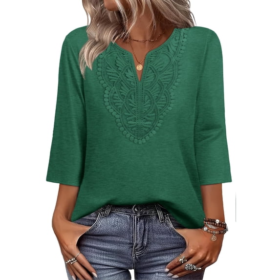 WIHOLL 3/4 Length Sleeve Summer Tops for Women Trendy Blouses V Neck Lace Shirt Beach Vacation Cruise Outfits