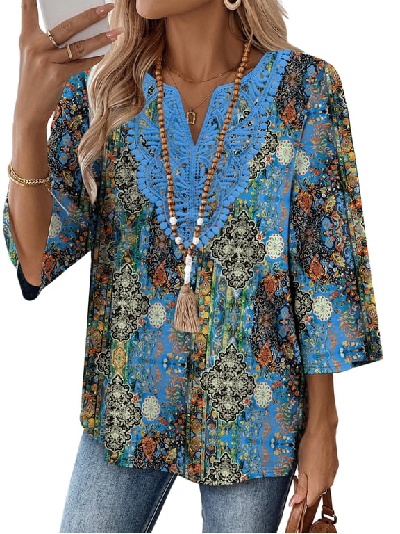 3/4 Length Sleeve Summer Tops for Women Trendy Blouses V Neck Lace Shirt Beach Vacation Cruise Outfits