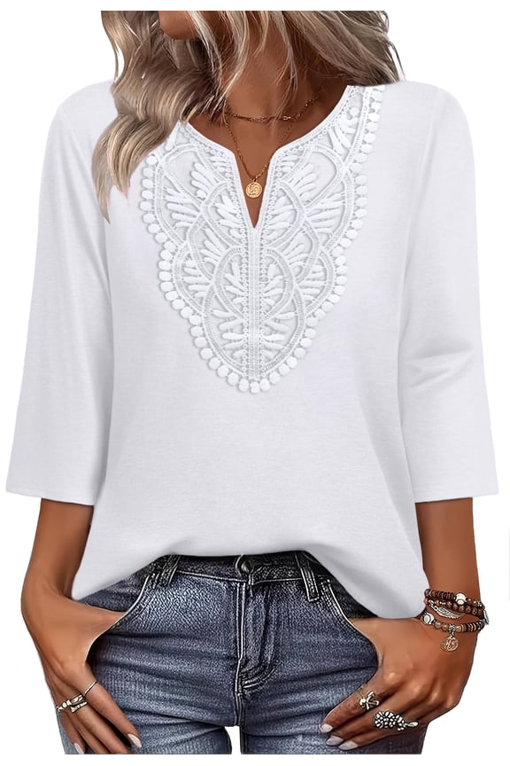 3/4 Length Sleeve Summer Tops for Women Trendy Blouses V Neck Lace Shirt Beach Vacation Cruise Outfits