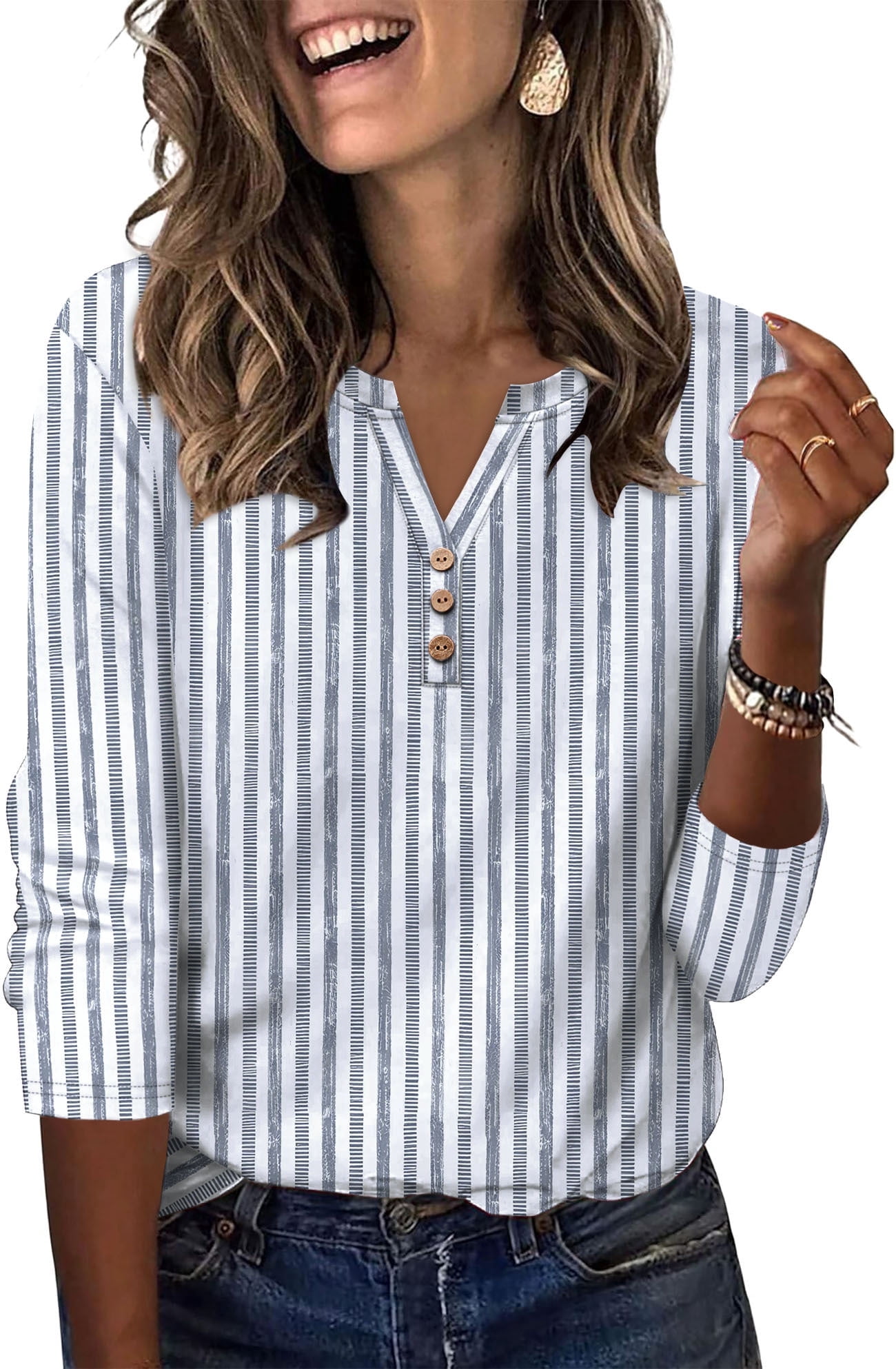 WIHOLL 3/4 Length Sleeve V Neck Blouses for Women Dressy Casual Spring ...