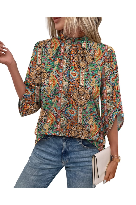 3/4 Length Sleeve Womens Tops Pleated Front Blouses for Women Trendy Business Casual Outfits Spring Summer Clothes