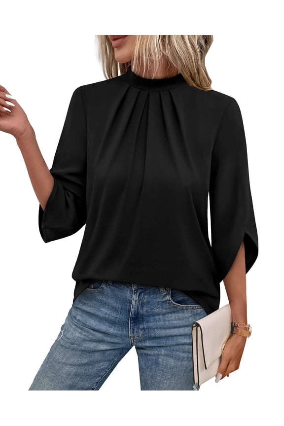 3/4 Length Sleeve Womens Tops Pleated Front Blouses for Women Trendy Business Casual Outfits Spring Summer Clothes