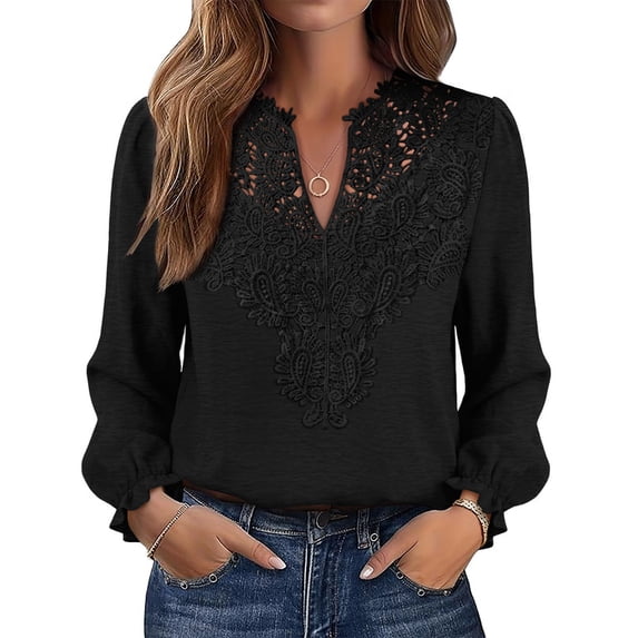 WIHOLL Blouses for Women Lace V Neck Long Sleeve Shirt Boho Dressy Casual Fall Tops Black