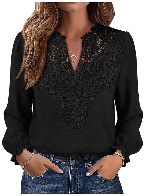 Blouses for Women Lace V Neck Long Sleeve Shirt Boho Dressy Casual Fall Tops Black