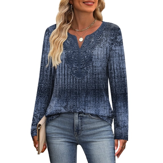 WIHOLL Boho Tops for Women Blouses Dressy Casual V Neck Long Sleeve Shirts Fall Outfits Trendy Vacation Clothes