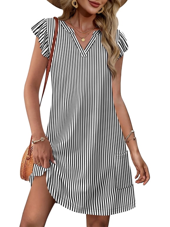 Casual Dresses for Women 2026 Spring Summer V Neck Ruffle Sleeve Sundress with Pockets Loose Fit