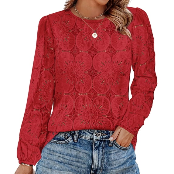 WIHOLL Long Sleeve Blouses for Women Flower Lace Crochet Shirts Business Casual Fall Eyelet Tops