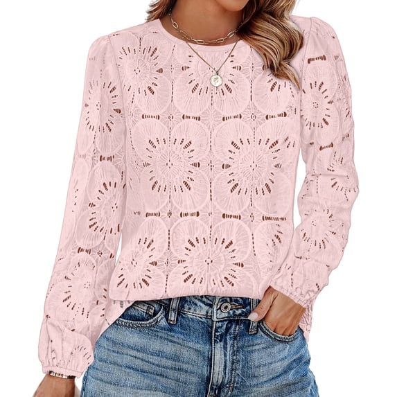 WIHOLL Long Sleeve Blouses for Women Flower Lace Crochet Shirts Business Casual Fall Eyelet Tops
