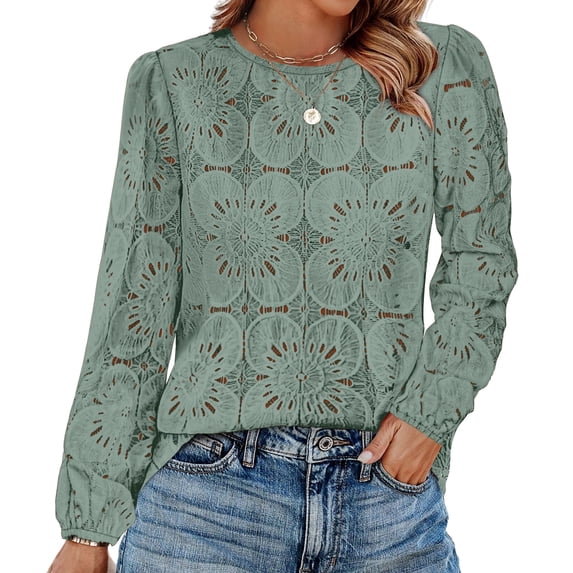 WIHOLL Long Sleeve Blouses for Women Flower Lace Crochet Shirts Business Casual Fall Eyelet Tops