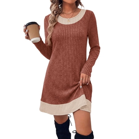 WIHOLL Long Sleeve Dress for Women Knit Tunic Sweater Dress Crew Neck Casual Fall Winter Dresses