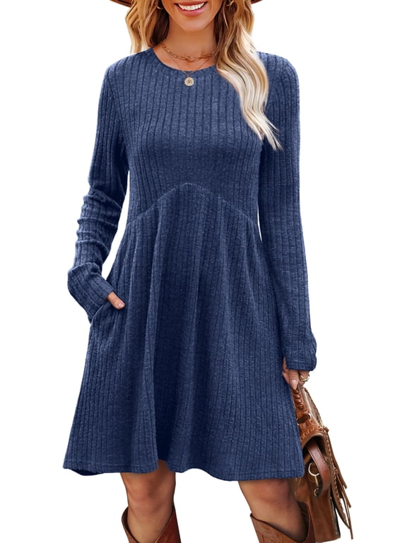 Long Sleeve Dresses for Women Fall Midi Dresses Elegant Casual Crew Neck Empire Waist Tunic Dress with Pockets
