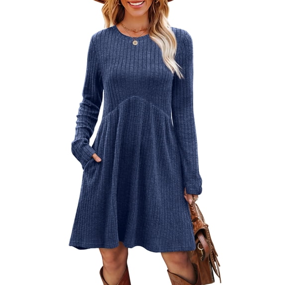 WIHOLL Long Sleeve Dresses for Women Fall Midi Dresses Elegant Casual Crew Neck Empire Waist Tunic Dress with Pockets