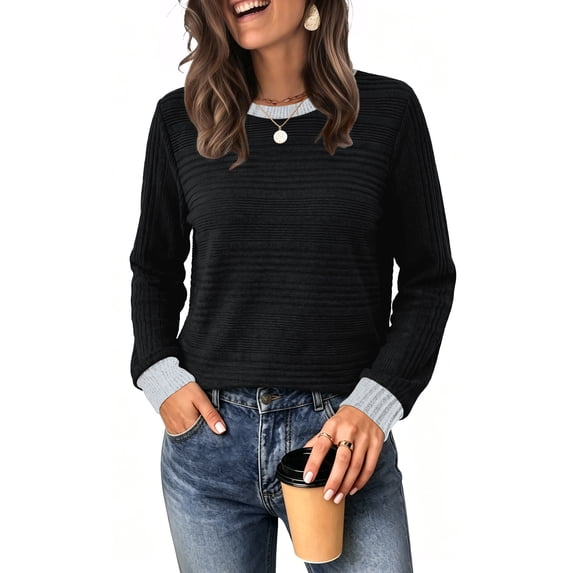 WIHOLL Long Sleeve Shirts for Women Fall Sweaters Fashion Color Block Crew Neck Pullover Tops 2026 Winter Lightweight Women's Sweaters