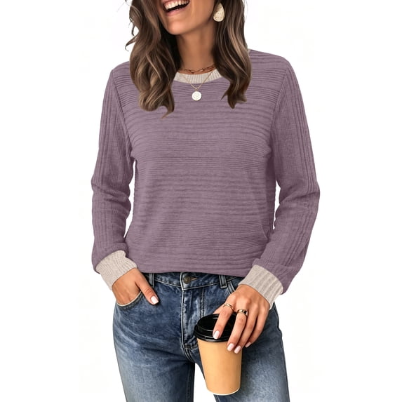 WIHOLL Long Sleeve Shirts for Women Fall Sweaters Fashion Color Block Crew Neck Pullover Tops 2026 Winter Lightweight Women's Sweaters