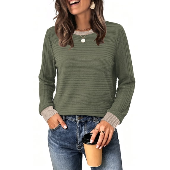 WIHOLL Long Sleeve Shirts for Women Fall Sweaters Fashion Color Block Crew Neck Pullover Tops 2026 Winter Lightweight Women's Sweaters