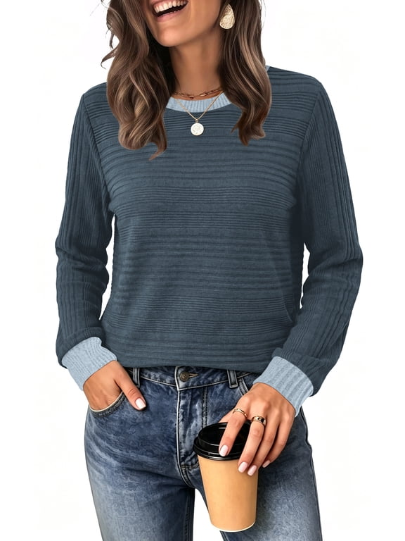 Long Sleeve Shirts for Women Fall Sweaters Fashion Color Block Crew Neck Pullover Tops 2026 Winter Lightweight Women's Sweaters