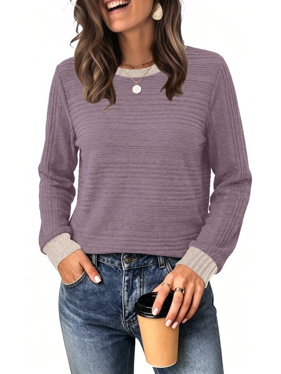 Long Sleeve Shirts for Women Fall Sweaters Fashion Color Block Crew Neck Pullover Tops 2026 Winter Lightweight Women's Sweaters