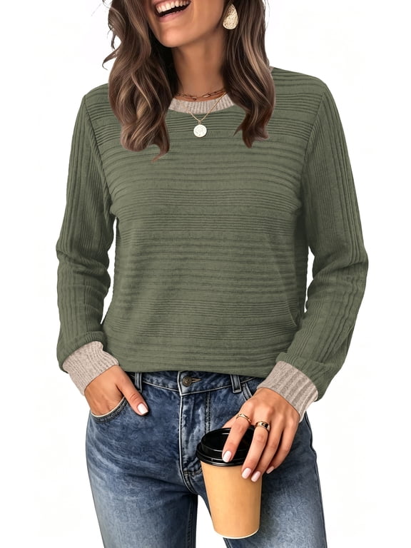 Long Sleeve Shirts for Women Fall Sweaters Fashion Color Block Crew Neck Pullover Tops 2026 Winter Lightweight Women's Sweaters