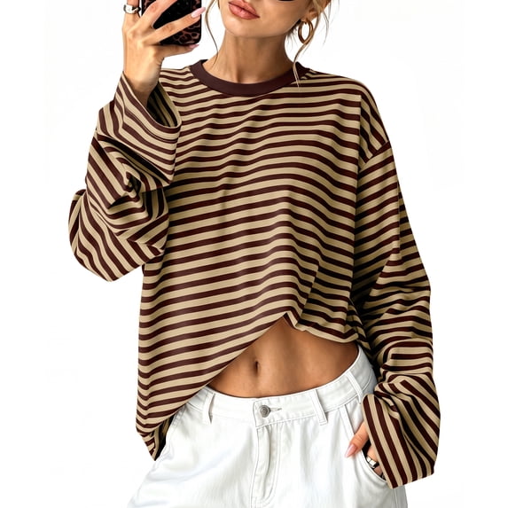 WIHOLL Long Sleeve Shirts for Women Plus Size Crewneck Sweatshirts Fashion Striped Pullovers Casual Loose Fit Fall Spring Tunic Tops