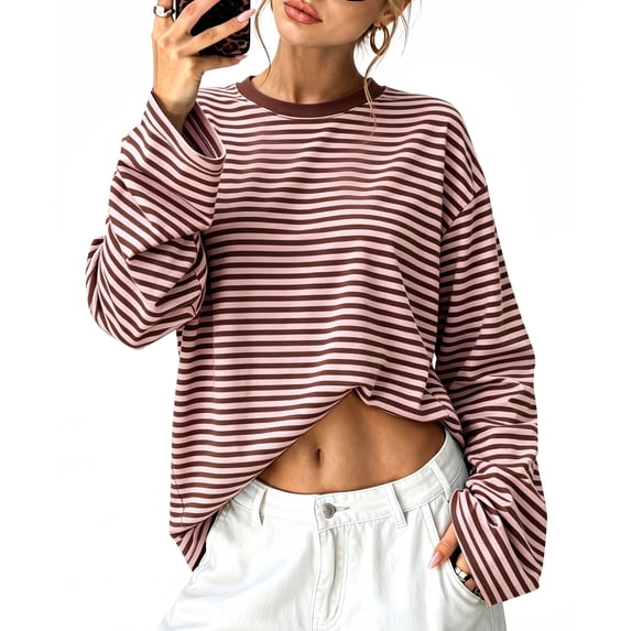 WIHOLL Long Sleeve Shirts for Women Plus Size Crewneck Sweatshirts Fashion Striped Pullovers Casual Loose Fit Fall Spring Tunic Tops