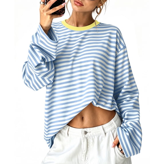 WIHOLL Long Sleeve Shirts for Women Plus Size Crewneck Sweatshirts Fashion Striped Pullovers Casual Loose Fit Fall Spring Tunic Tops