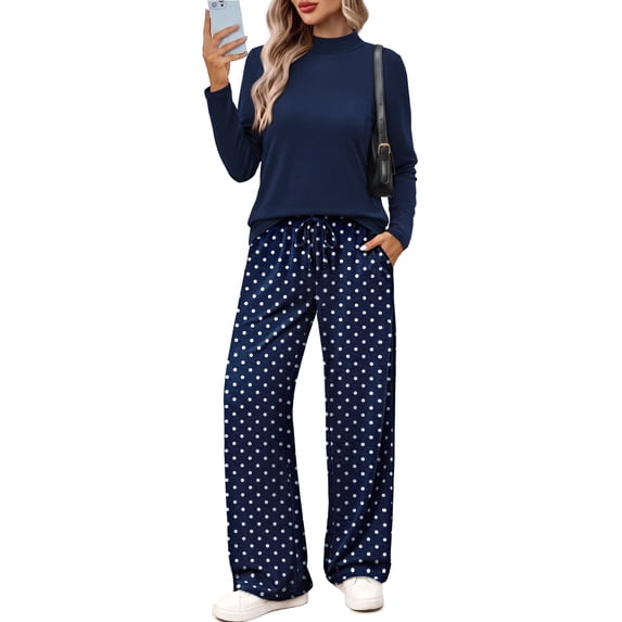 WIHOLL Lounge Sets for Women Two Piece Fall Outfits Trendy Mock Neck Top and Wide Leg Pants Matching Set Lightweight Casual Women's Sweatsuits