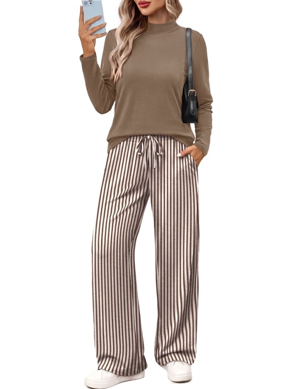 Lounge Sets for Women Two Piece Fall Outfits Trendy Mock Neck Top and Wide Leg Pants Matching Set Lightweight Casual Women's Sweatsuits