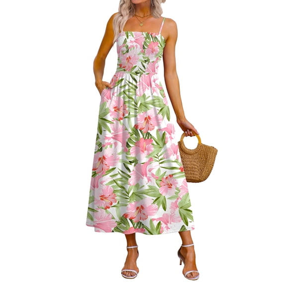 WIHOLL Maxi Dresses for Women 2026 Spaghetti Strap Flowy Boho Long Sundress with Pockets Spring Summer Beach Vacation