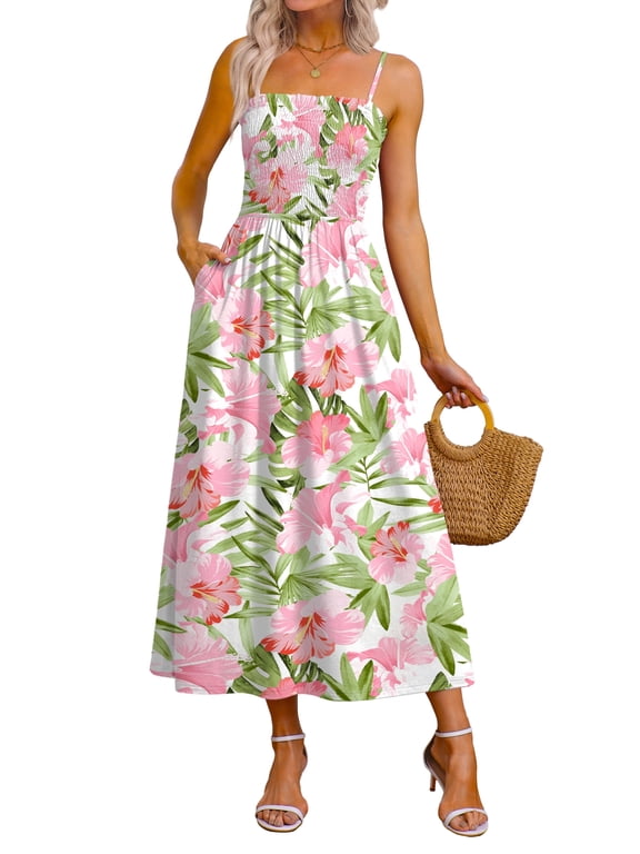 Maxi Dresses for Women 2026 Spaghetti Strap Flowy Boho Long Sundress with Pockets Spring Summer Beach Vacation