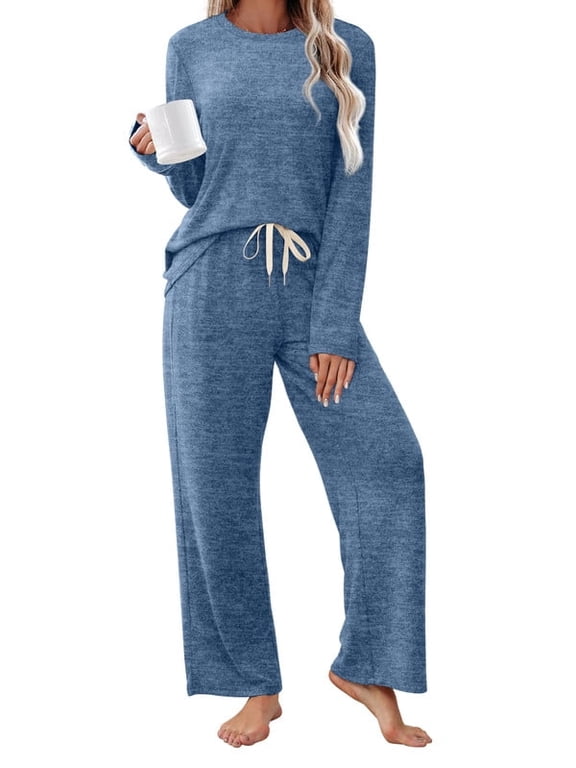 Pajamas for Women Set Comfy Lounge Sets Two Piece Long Sleeve Cute Pjs Soft Sleepwear Winter Clothing Blue Sets