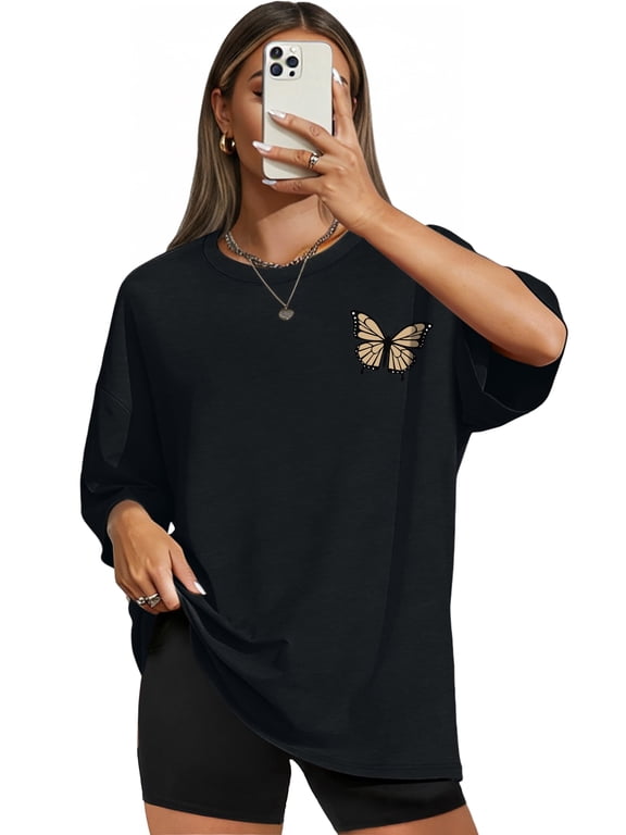 Plus Size Tshirts for Women Casual Short Sleeve Crewneck Shirts Summer Loose Fit Butterfly Graphic Workout Tees