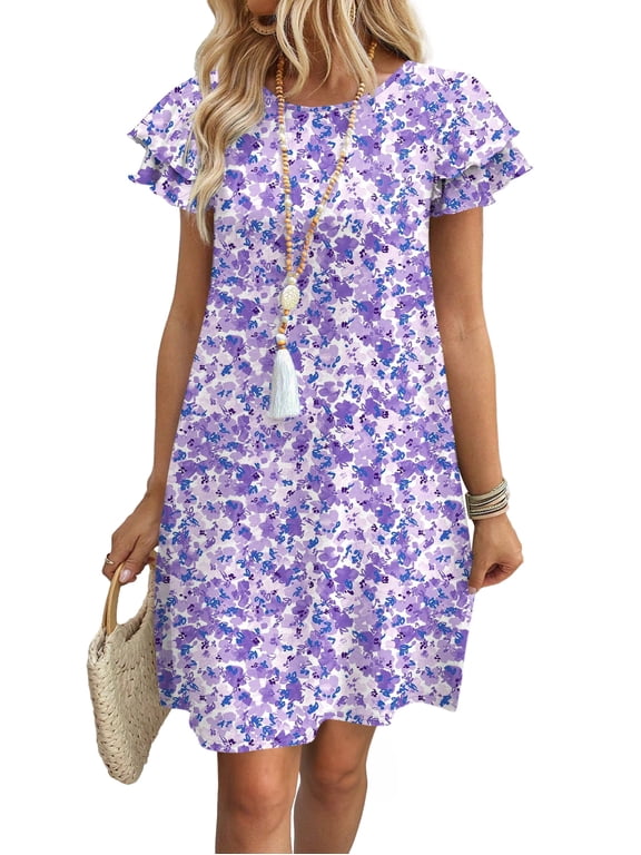 Summer Dresses for Women Mini Dresses 2026 Sundresses Spring Casual Western Crewneck Ruffle Short Sleeve Beach Vacation Clothes