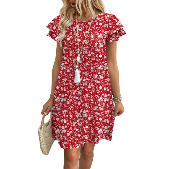 WIHOLL Summer Dresses for Women Mini Dresses 2026 Sundresses Spring Casual Western Crewneck Ruffle Short Sleeve Beach Vacation Clothes