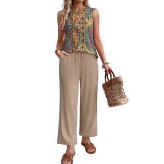 WIHOLL Two Piece Set for Women Summer Sleeveless Crewneck Lounge Top Wide Leg Drawstring Pants With Pockets Vacation Travel Outfits