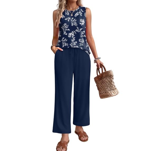 WIHOLL Two Piece Set for Women Summer Sleeveless Crewneck Lounge Top Wide Leg Drawstring Pants With Pockets Vacation Travel Outfits