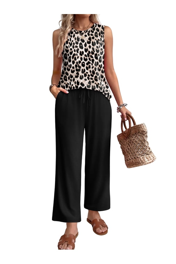 Two Piece Set for Women Summer Sleeveless Crewneck Lounge Top Wide Leg Drawstring Pants With Pockets Vacation Travel Outfits