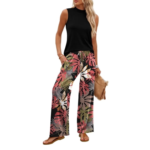 Two Piece Sets For Women Vacation Spring Summer Outfits Sleeveless Mock Neck Fashion Clothing Wide Leg Pants