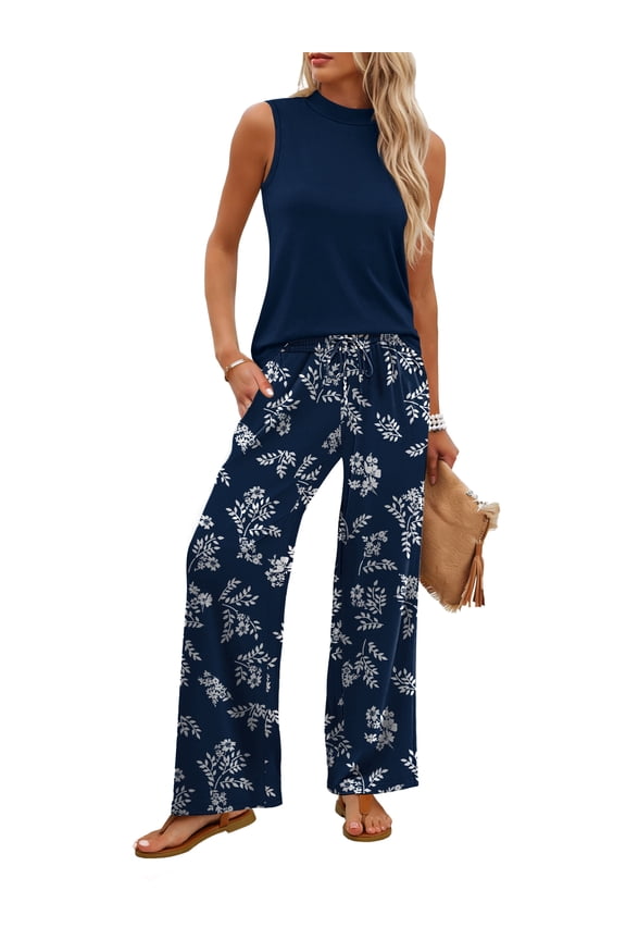 Two Piece Sets For Women Vacation Spring Summer Outfits Sleeveless Mock Neck Fashion Clothing Wide Leg Pants