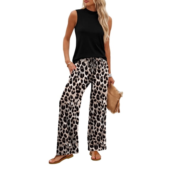 WIHOLL Two Piece Sets For Women Vacation Spring Summer Outfits Sleeveless Mock Neck Fashion Clothing Wide Leg Pants