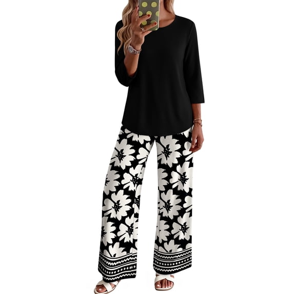 WIHOLL Two Piece Sets for Women Lounge Outfits 3/4 Sleeve Wide Leg Pants with Pockets Dressy Fall Clothes