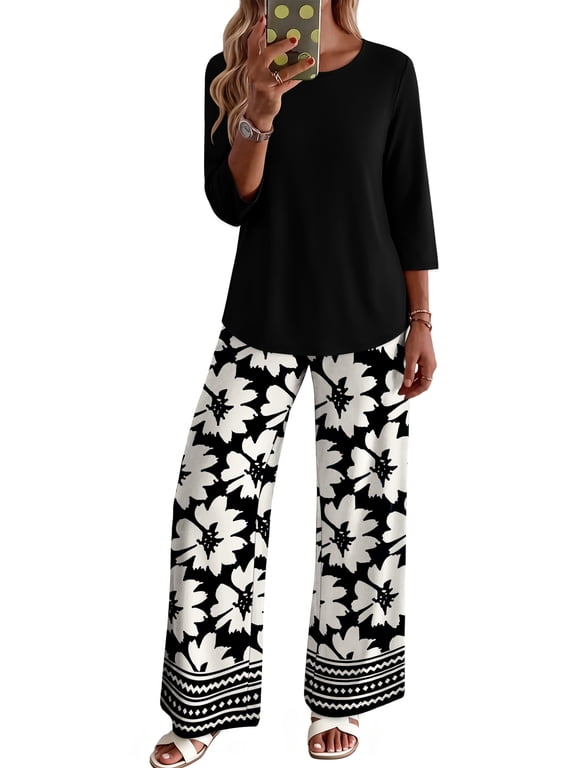 Two Piece Sets for Women Lounge Outfits 3/4 Sleeve Wide Leg Pants with Pockets Dressy Fall Clothes
