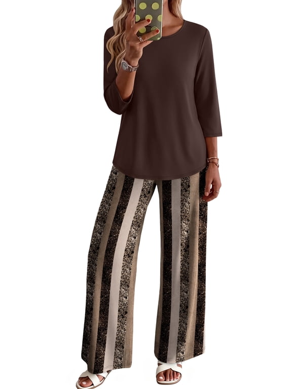 Two Piece Sets for Women Lounge Outfits 3/4 Sleeve Wide Leg Pants with Pockets Dressy Fall Clothes